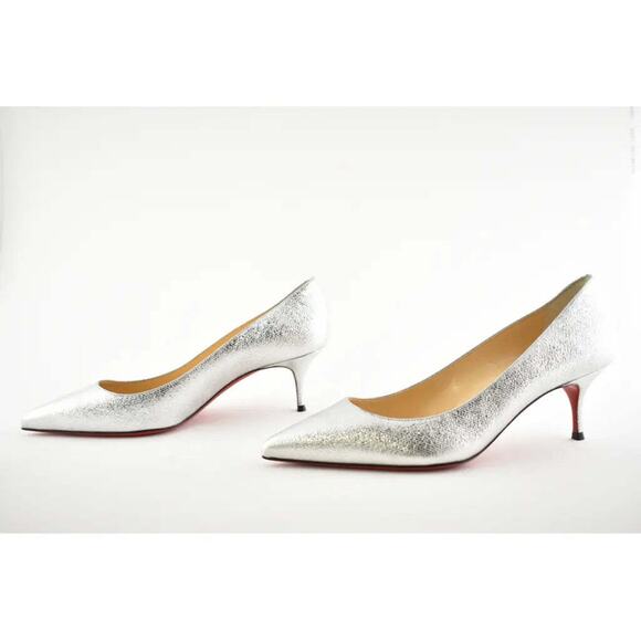 Christian Louboutin Kate 55 Silver Calf Lame Tweed Kitten Low Heel Pump Shoe 37 - Picture 7 of 9